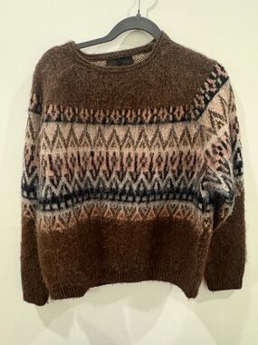 Zara Brown Fuzzy Fair Isle Knit Sweater